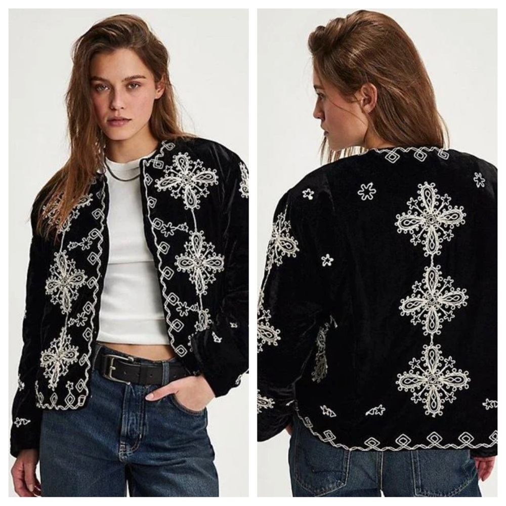 Free People Mia Black Combo Velvet Embroidered Jacket